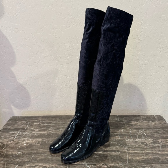 Italian Patent Leather and Velveteen Over The Knee Sock Boots - Picture 3 of 16